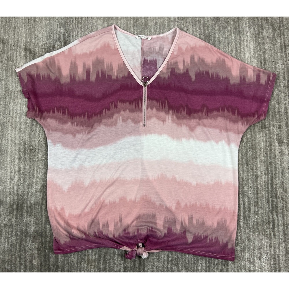 Exclusive One Top Womens XL Pink Ikat Ombre Stripe Tie Front Short Sleeve